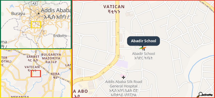 Map showing the address of Abadir School in three different zoom levels.