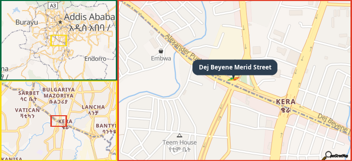 Map showing the address of Dej Beyene Merid Street in three different zoom levels.