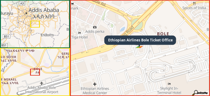 Map showing the address of Ethiopian Airlines Bole Ticket Office in three different zoom levels.