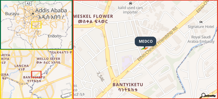 Map showing the address of MEDCO in three different zoom levels.