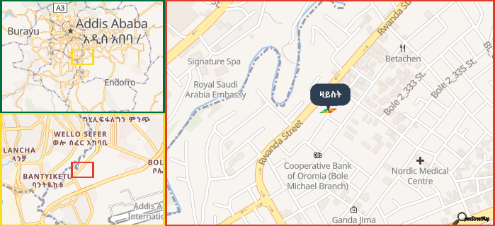 Map showing the address of ዛይስት in three different zoom levels.