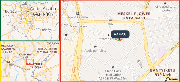 Map showing the address of ቪላ ቬርዴ in three different zoom levels.