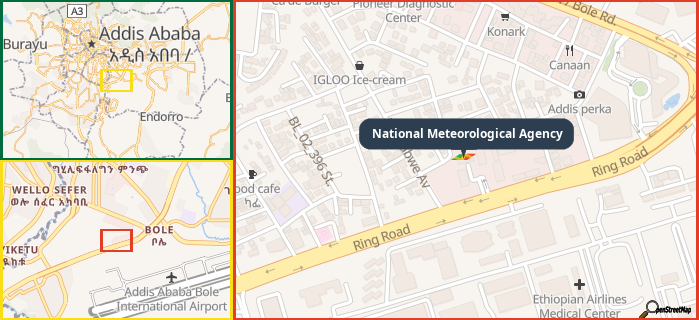 Map showing the address of National Meteorological Agency in three different zoom levels.