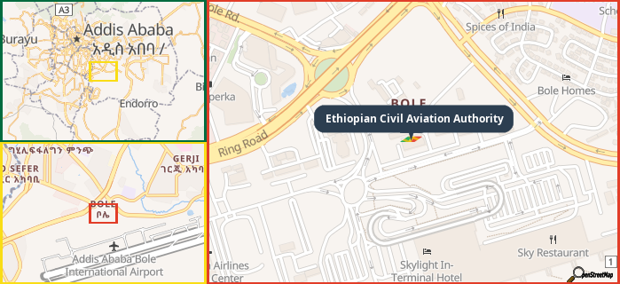 Map showing the address of Ethiopian Civil Aviation Authority in three different zoom levels.