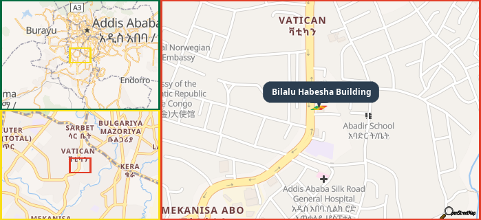 Map showing the address of Bilalu Habesha Building in three different zoom levels.