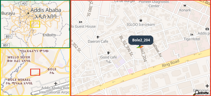 Map showing the address of Bole2_204 in three different zoom levels.