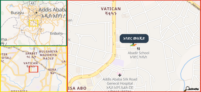Map showing the address of አባድር መስጂድ in three different zoom levels.