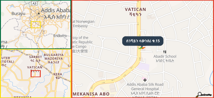 Map showing the address of ሰንሻይን ላውንደሪ ቁ.15 in three different zoom levels.