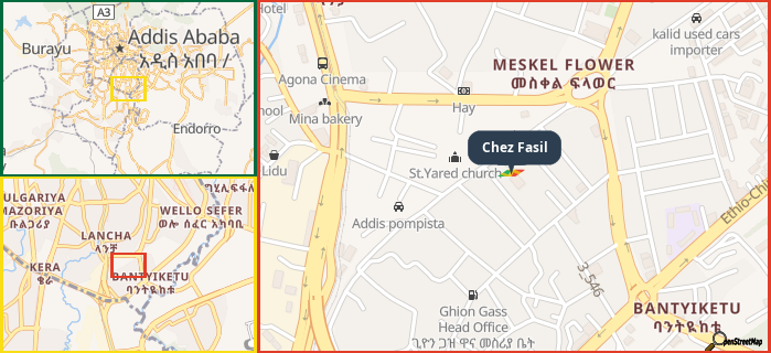 Map showing the address of Chez Fasil in three different zoom levels.