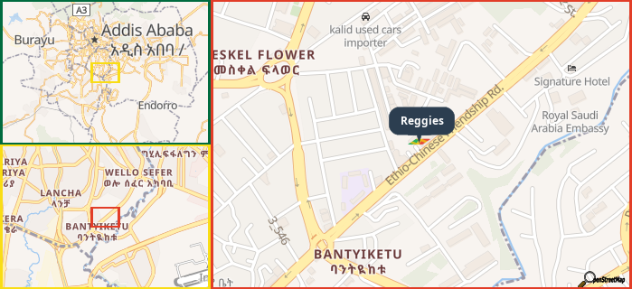 Map showing the address of Reggies in three different zoom levels.