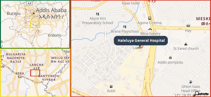 Map showing the address of Haleluya General Hospital in three different zoom levels.