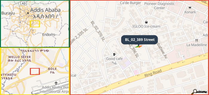 Map showing the address of BL_02_389 Street in three different zoom levels.