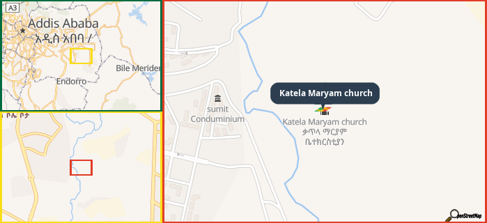 Map showing the address of Katela Maryam church in three different zoom levels.