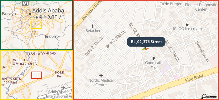 Map showing the address of BL_02_376 Street in three different zoom levels.