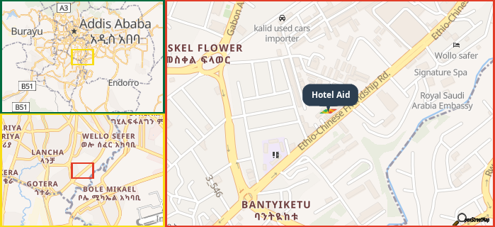 Map showing the address of Hotel Aid in three different zoom levels.