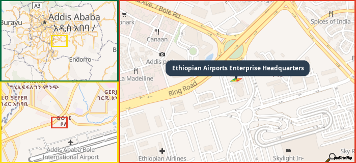 Map showing the address of Ethiopian Airports Enterprise Headquarters in three different zoom levels.