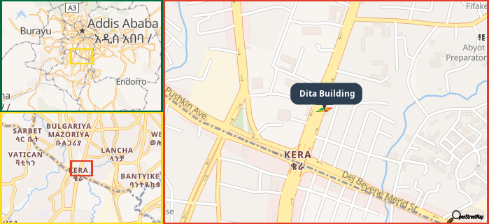 Map showing the address of Dita Building in three different zoom levels.