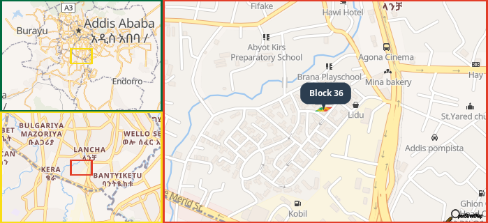 Map showing the address of Block 36 in three different zoom levels.