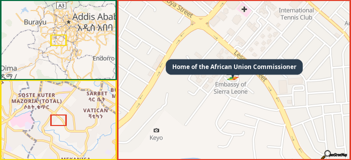 Map showing the address of Home of the African Union Commissioner in three different zoom levels.