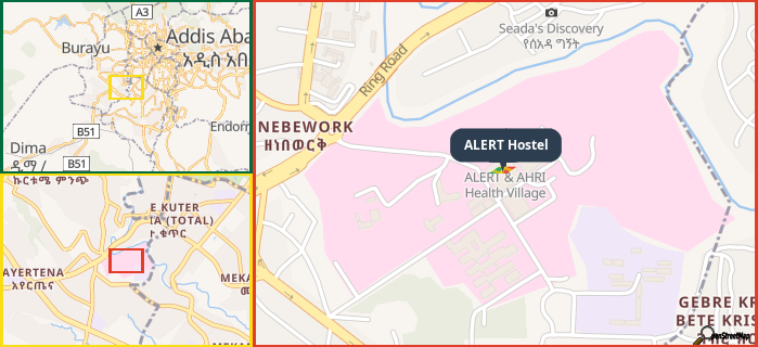 Map showing the address of ALERT Hostel in three different zoom levels.