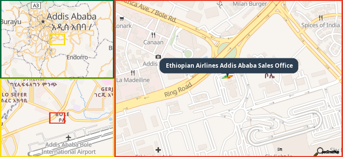 Map showing the address of Ethiopian Airlines Addis Ababa Sales Office in three different zoom levels.