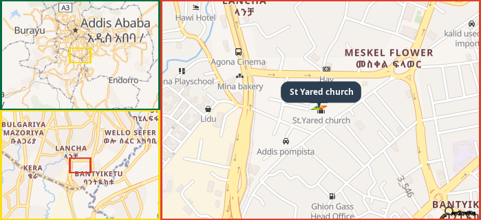 Map showing the address of St Yared church in three different zoom levels.