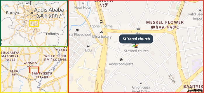 Map showing the address of St.Yared church in three different zoom levels.
