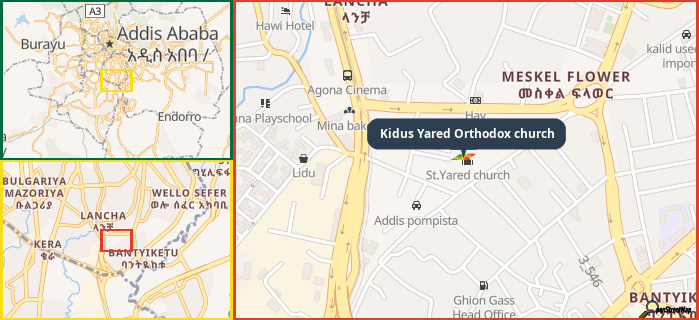 Map showing the address of Kidus Yared Orthodox church in three different zoom levels.