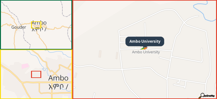Map showing the address of Ambo University in three different zoom levels.
