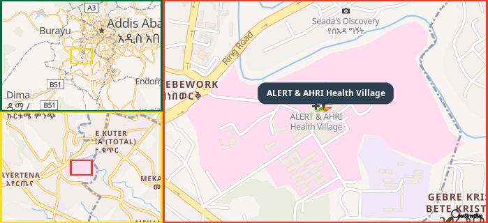 Map showing the address of ALERT & AHRI Health Village in three different zoom levels.