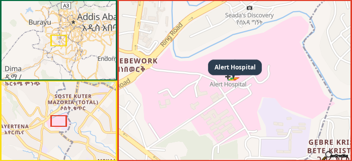 Map showing the address of Alert Hospital in three different zoom levels.