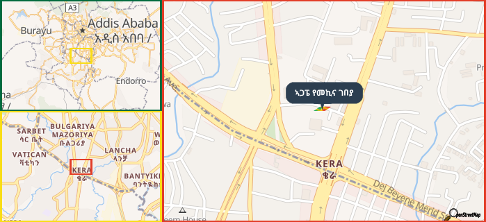Map showing the address of ኣጋፔ የመኪና ገበያ in three different zoom levels.