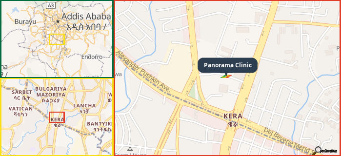 Map showing the address of Panorama Clinic in three different zoom levels.