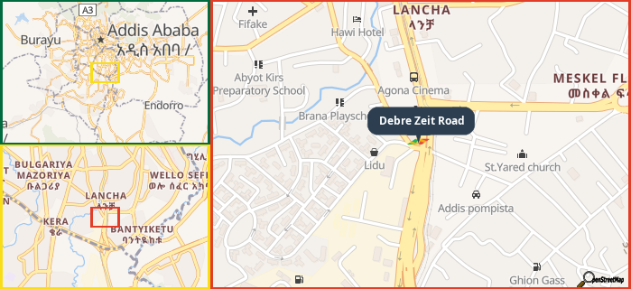 Map showing the address of Debre Zeit Road in three different zoom levels.