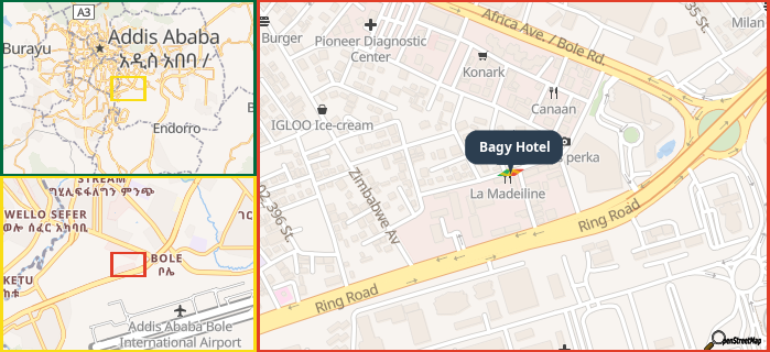 Map showing the address of Bagy Hotel in three different zoom levels.