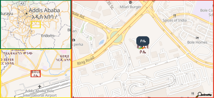 Map showing the address of ቦሌ in three different zoom levels.