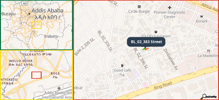 Map showing the address of BL_02_383 Street in three different zoom levels.