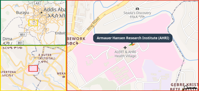 Map showing the address of Armauer Hansen Research Institute (AHRI) in three different zoom levels.