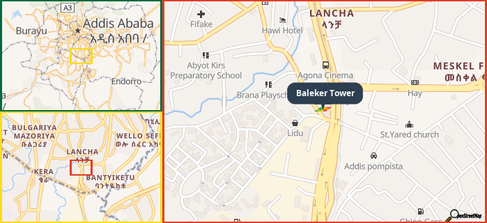 Map showing the address of Baleker Tower in three different zoom levels.