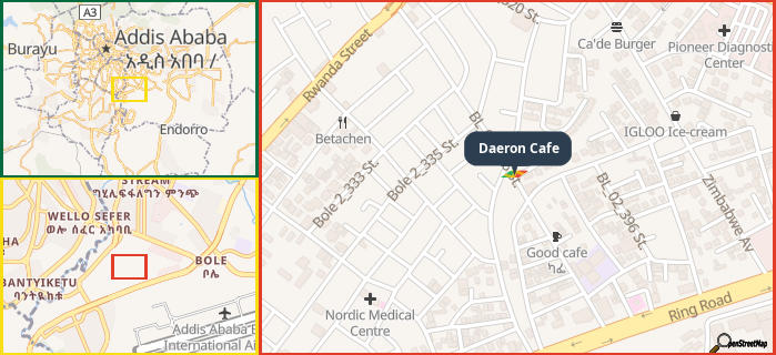 Map showing the address of Daeron Cafe in three different zoom levels.