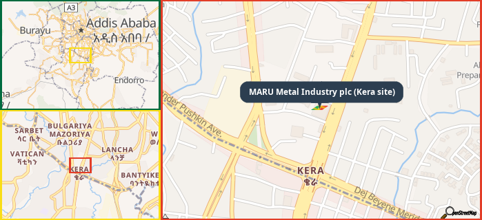 Map showing the address of MARU Metal Industry plc (Kera site) in three different zoom levels.