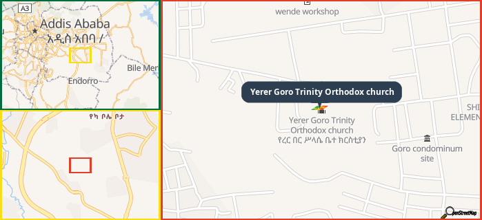 Map showing the address of Yerer Goro Trinity Orthodox church in three different zoom levels.