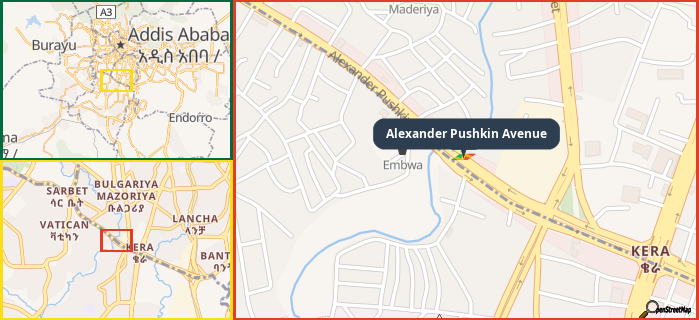 Map showing the address of Alexander Pushkin Avenue in three different zoom levels.