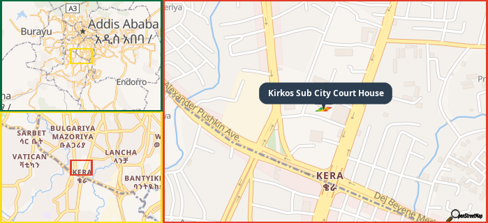 Map showing the address of Kirkos Sub City Court House in three different zoom levels.