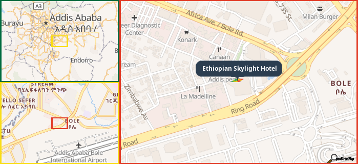 Map showing the address of Ethiopian Skylight Hotel in three different zoom levels.