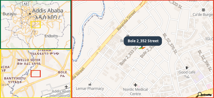 Map showing the address of Bole 2_352 Street in three different zoom levels.