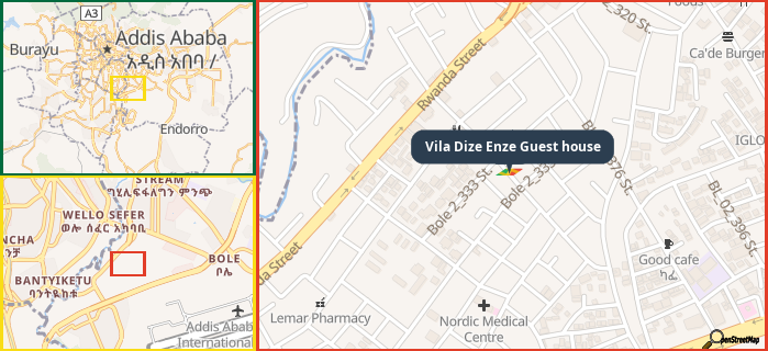 Map showing the address of Vila Dize Enze Guest house in three different zoom levels.