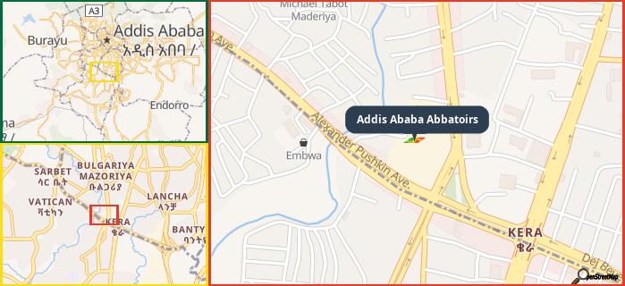 Map showing the address of Addis Ababa Abbatoirs in three different zoom levels.