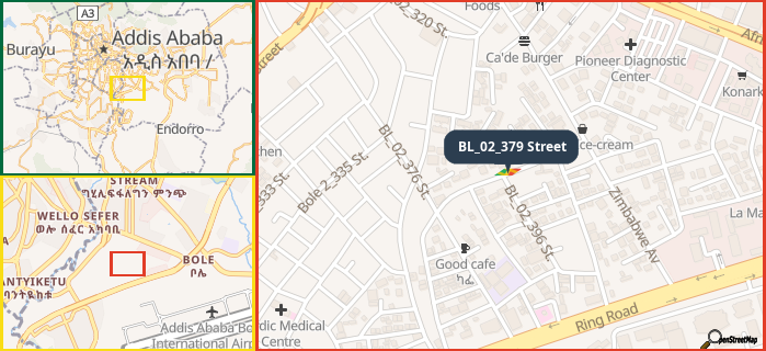 Map showing the address of BL_02_379 Street in three different zoom levels.