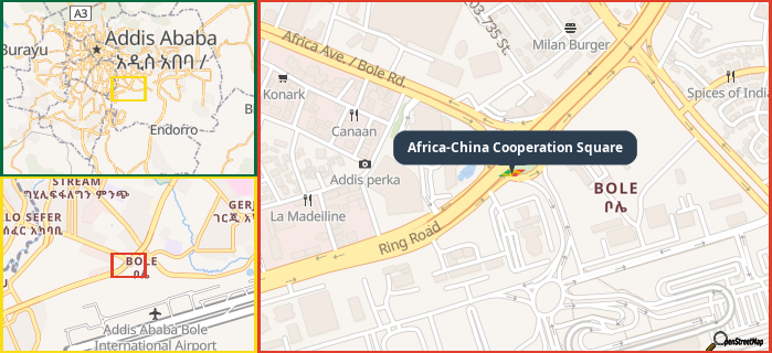 Map showing the address of Africa-China Cooperation Square in three different zoom levels.